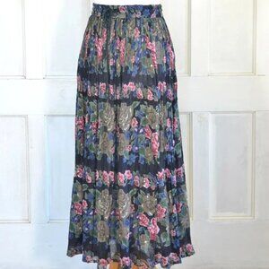 90s Vintage Floral Skirt - Long Crinkled Cotton Gauze Skirt - Rose Print - Draws